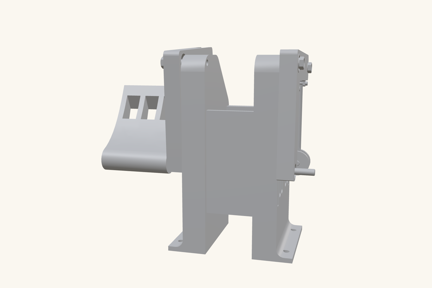 Side profile CAD render of the pedal mechanism showing the pivot geometry